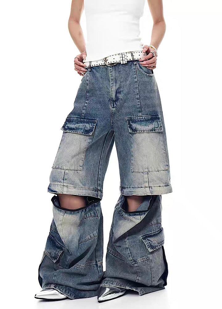 Cutaway type style wash design cargo denim pants  OR0775