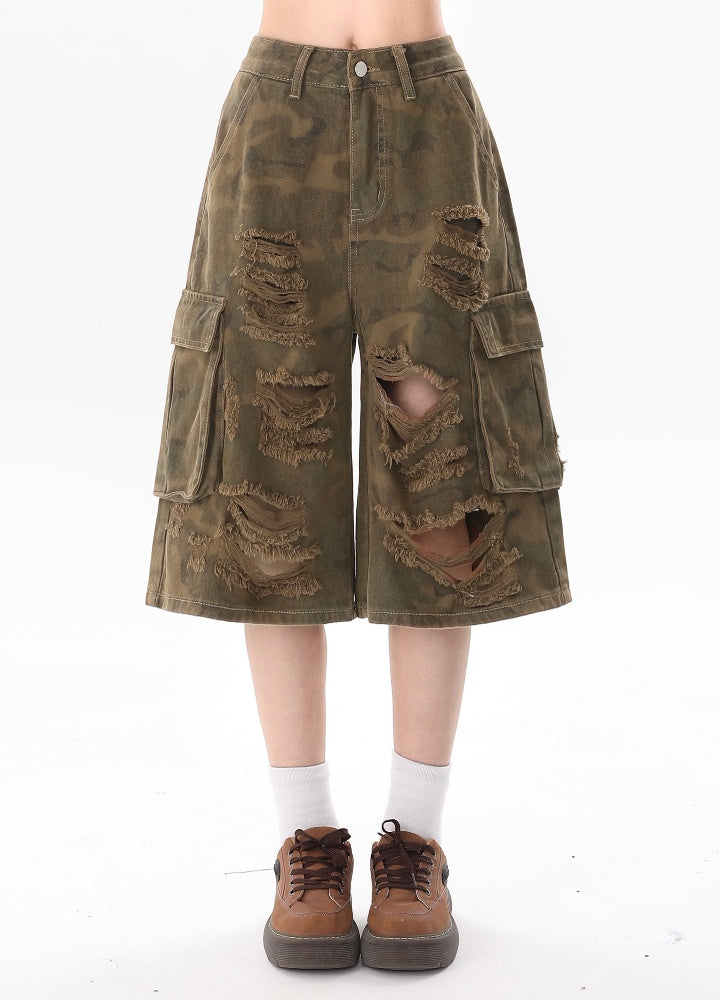 Mid-distressed camouflage half silhouette cargo pants  OR0777