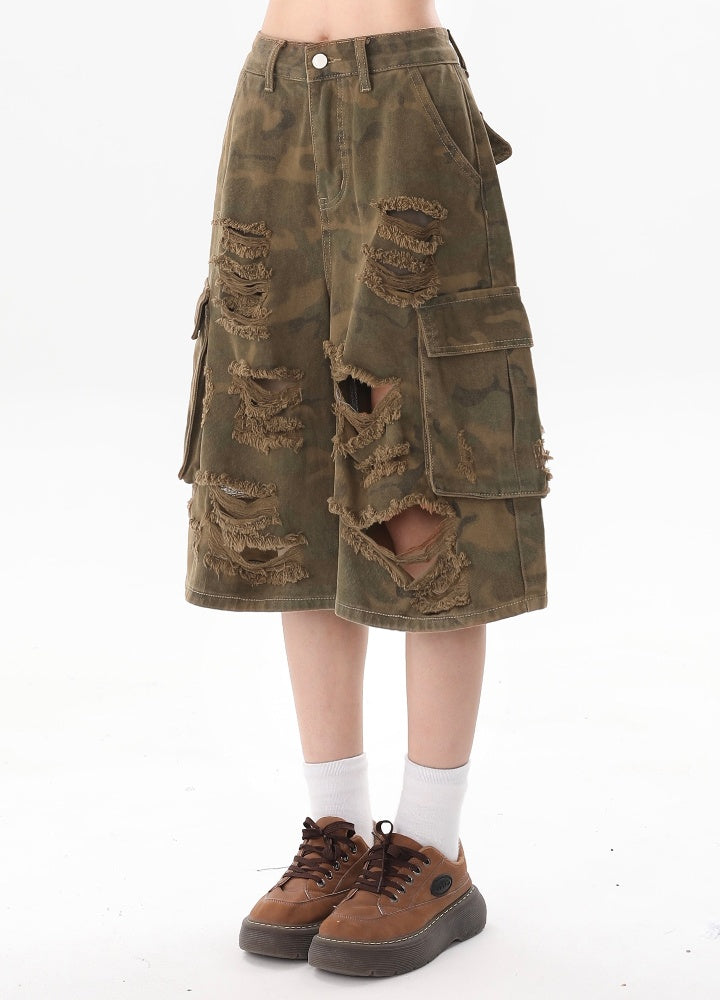 Mid-distressed camouflage half silhouette cargo pants  OR0777