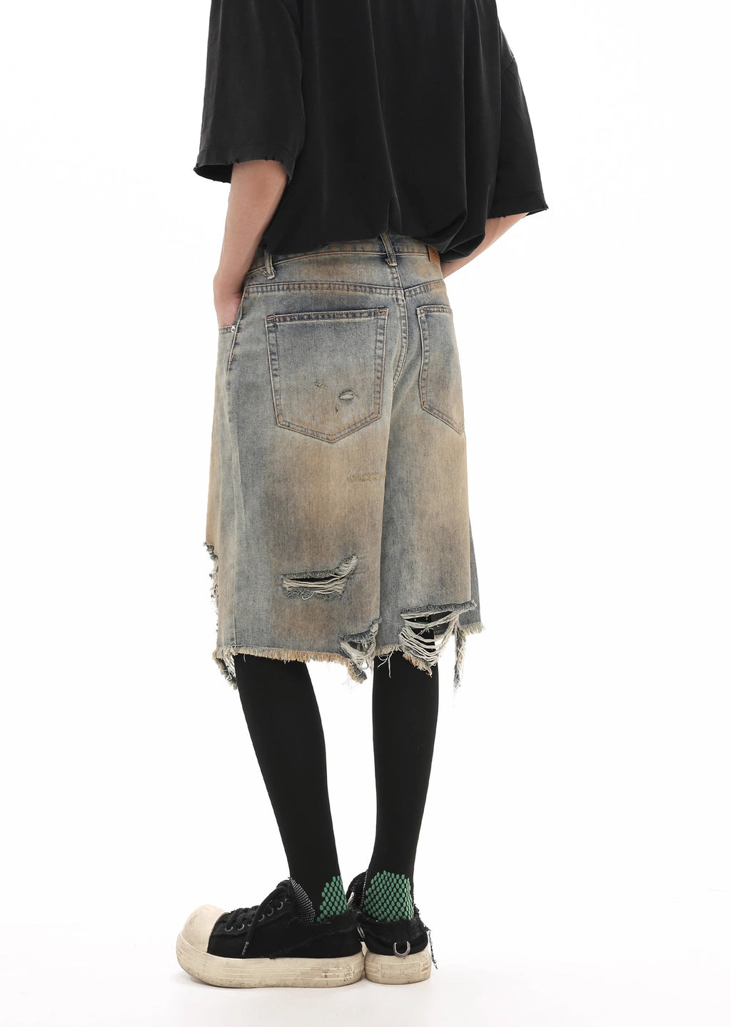 Multi-distressed design short silhouette denim pants  OR0780