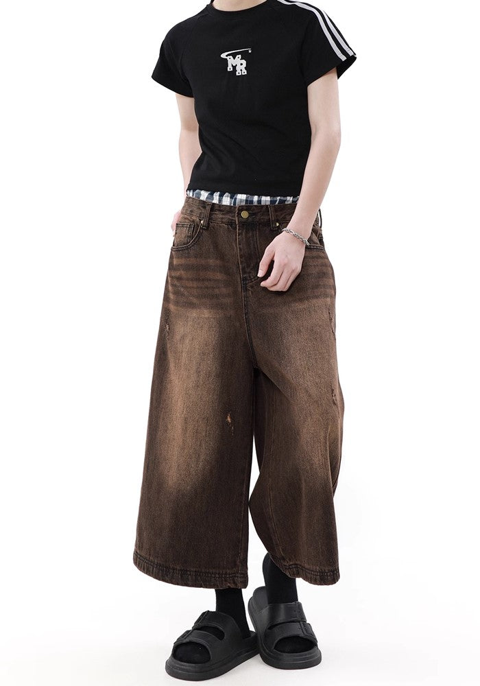 Dirt washed brown color half silhouette denim pants  OR0781