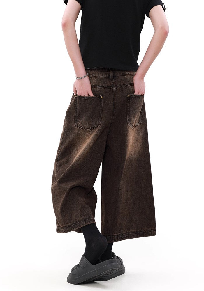 Dirt washed brown color half silhouette denim pants  OR0781