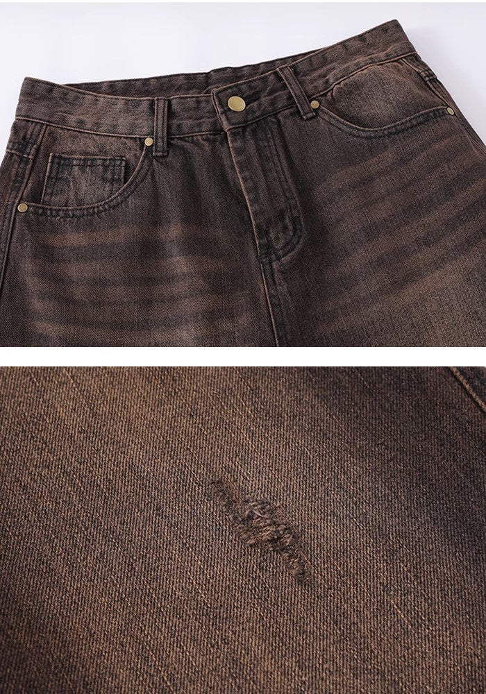 Dirt washed brown color half silhouette denim pants  OR0781