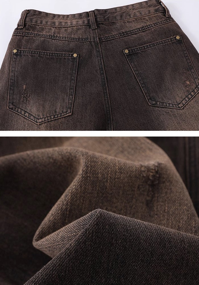 Dirt washed brown color half silhouette denim pants  OR0781