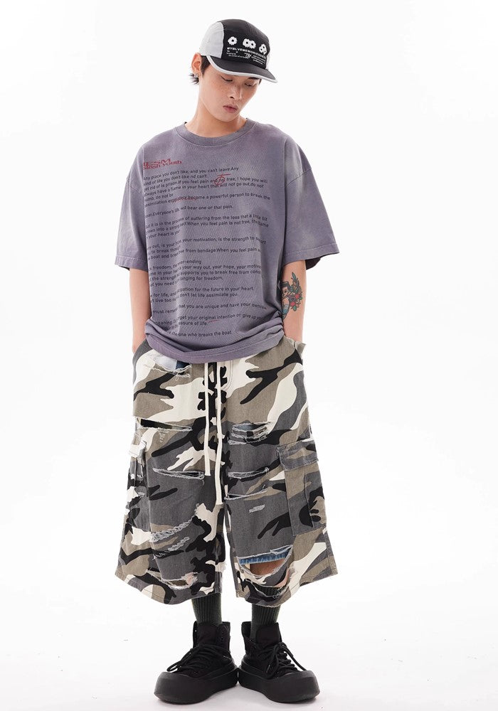 Camouflage pattern multi-wave damaged cargo design shorts  OR0782