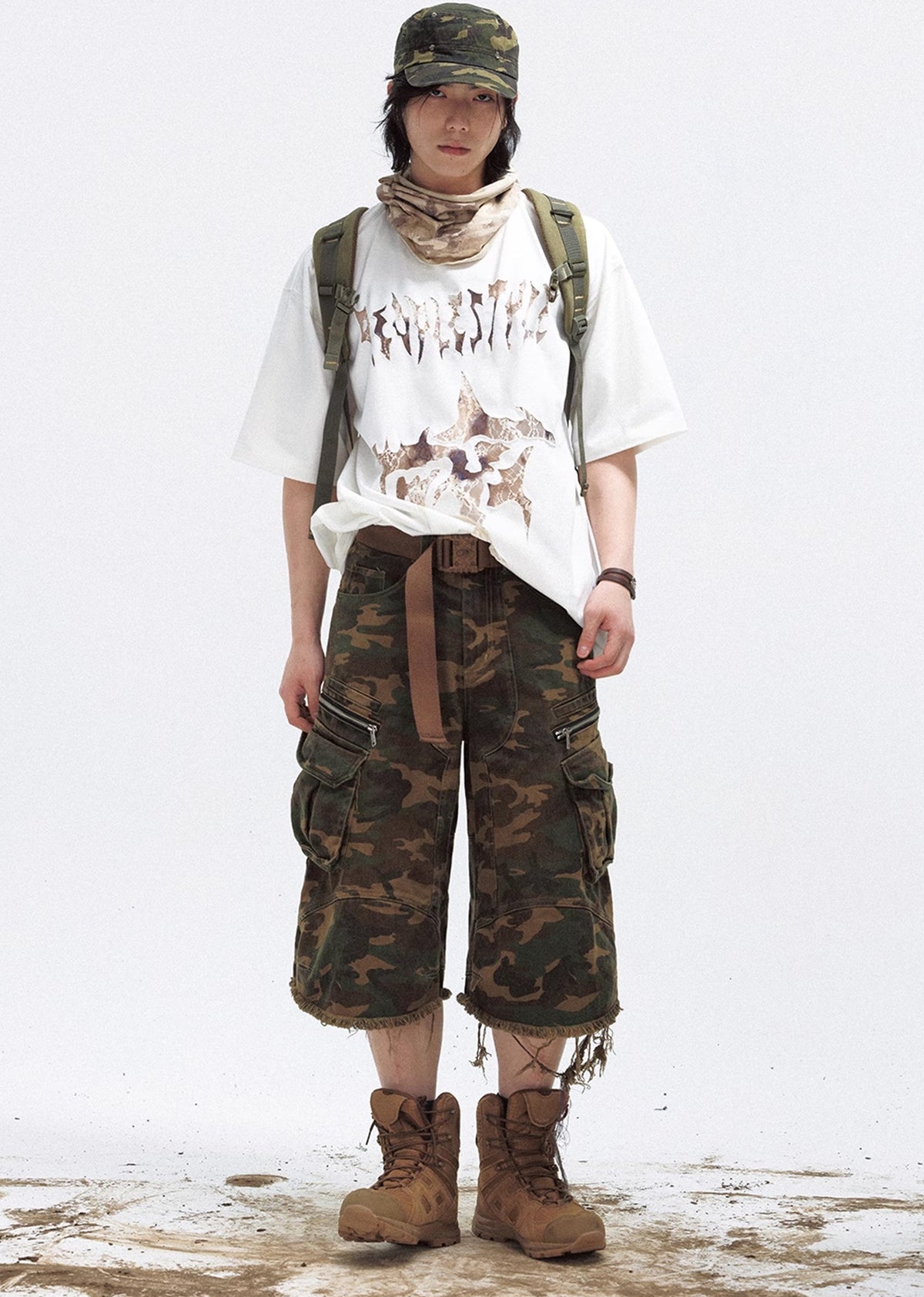 Camouflage pattern remade distressed pocket cargo shorts  OR0783