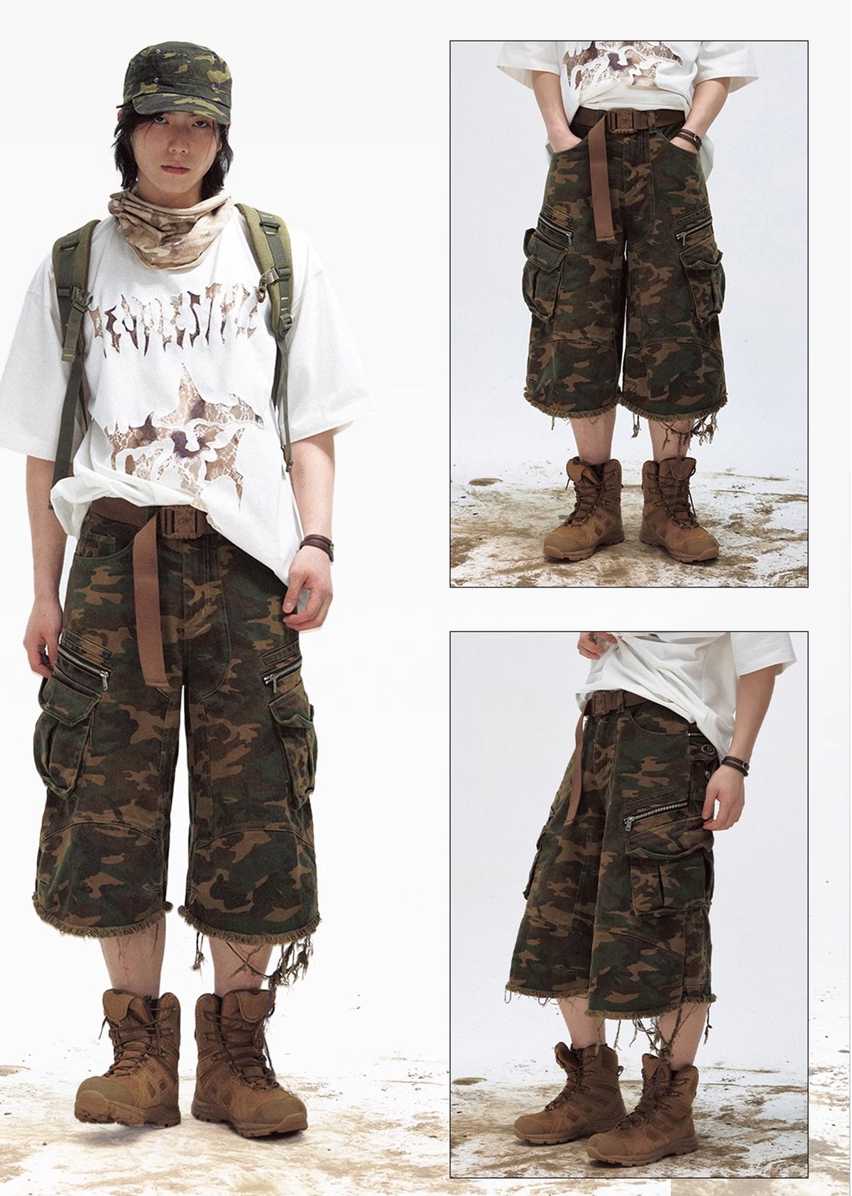 Camouflage pattern remade distressed pocket cargo shorts  OR0783
