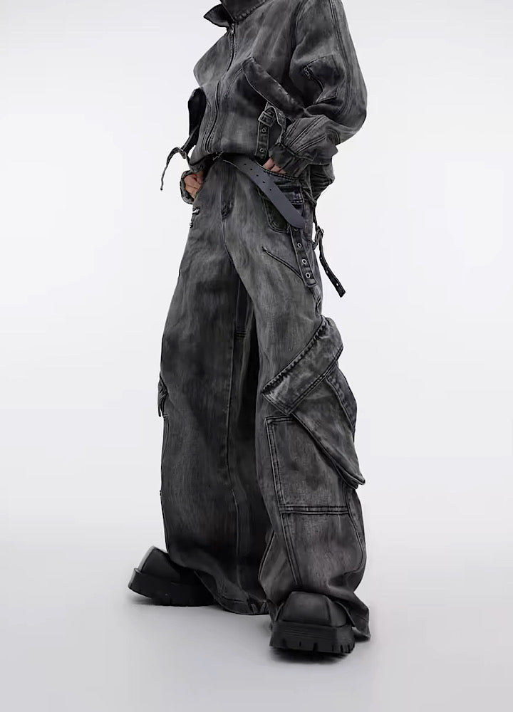 Washed dull color full belt design denim setup  OR0793