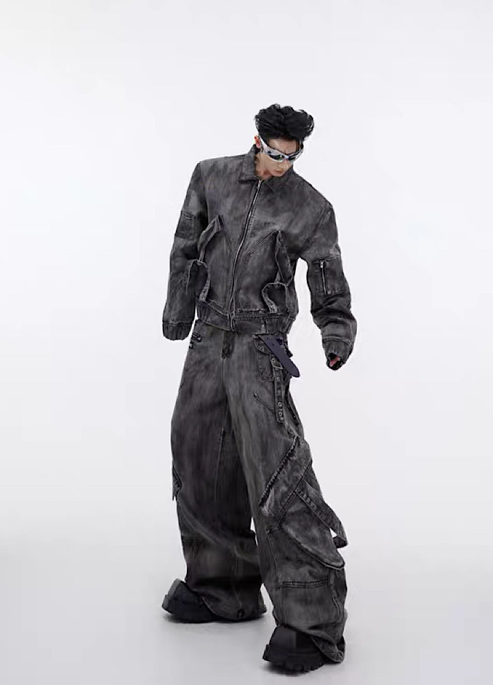 Washed dull color full belt design denim setup  OR0793