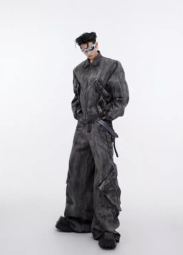 Washed dull color full belt design denim setup  OR0793