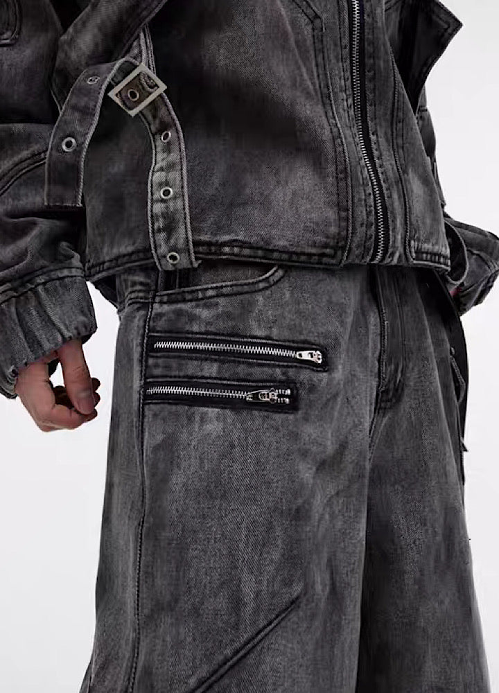 Washed dull color full belt design denim setup  OR0793