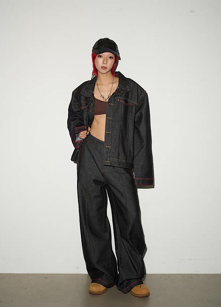 Simple basic style black and red line denim setup  OR0799