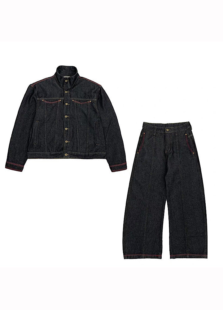 Simple basic style black and red line denim setup  OR0799