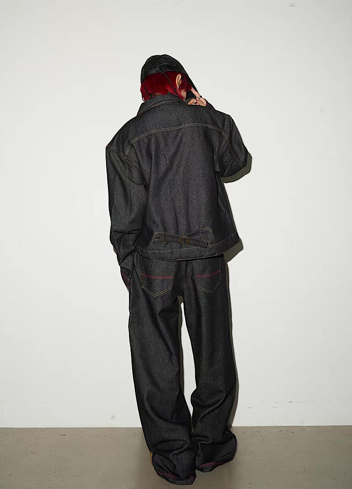 Simple basic style black and red line denim setup  OR0799