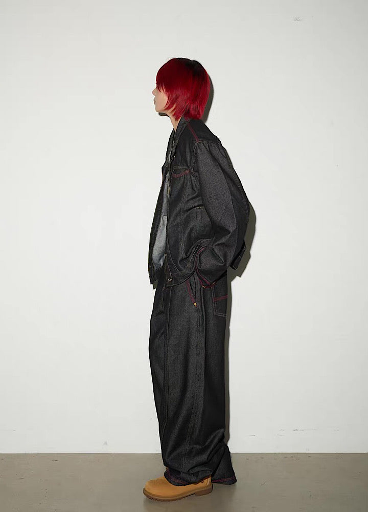 Simple basic style black and red line denim setup  OR0799