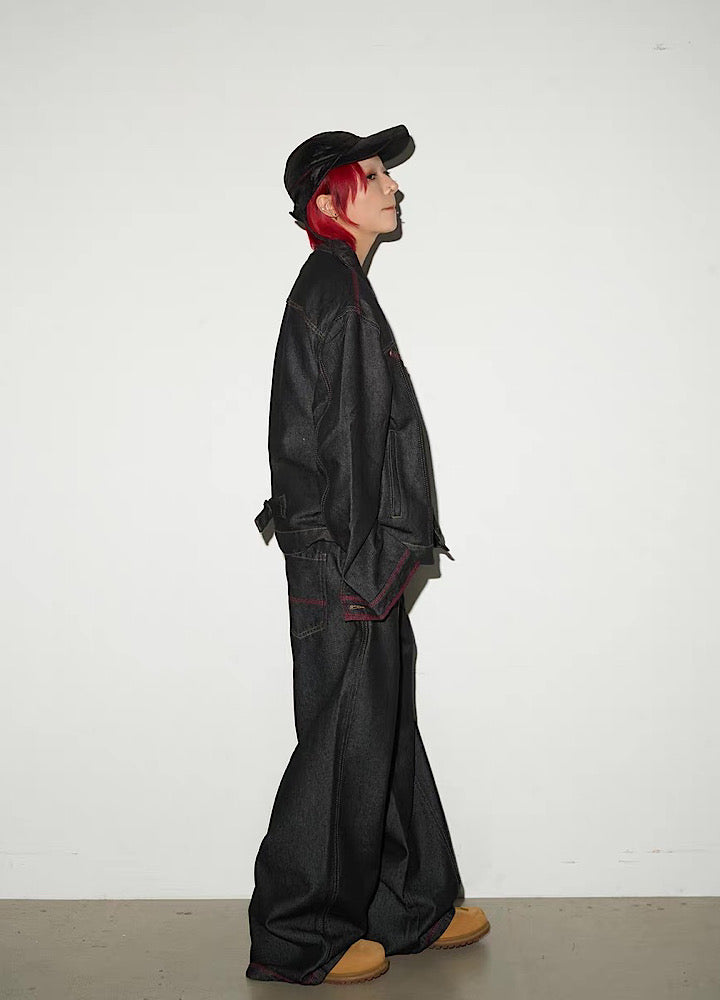 Simple basic style black and red line denim setup  OR0799