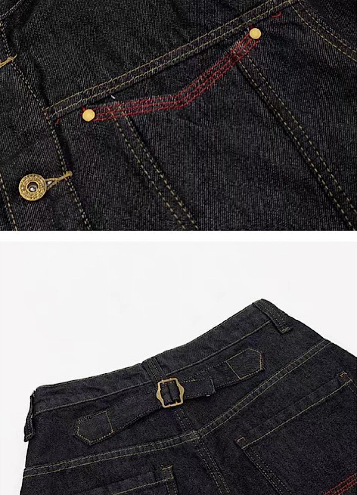 Simple basic style black and red line denim setup  OR0799