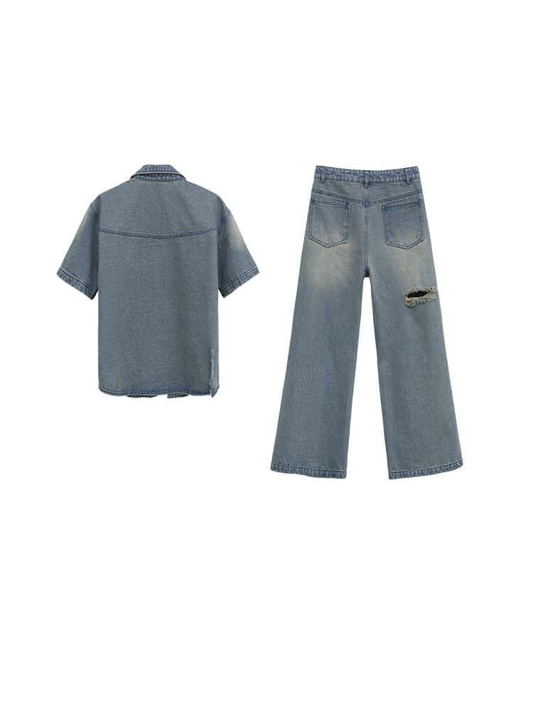 Washed denim short sleeve jacket & wide pants setup  OR0812