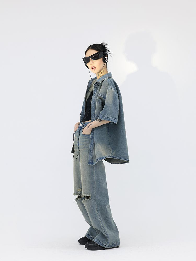 Washed denim short sleeve jacket & wide pants setup  OR0812