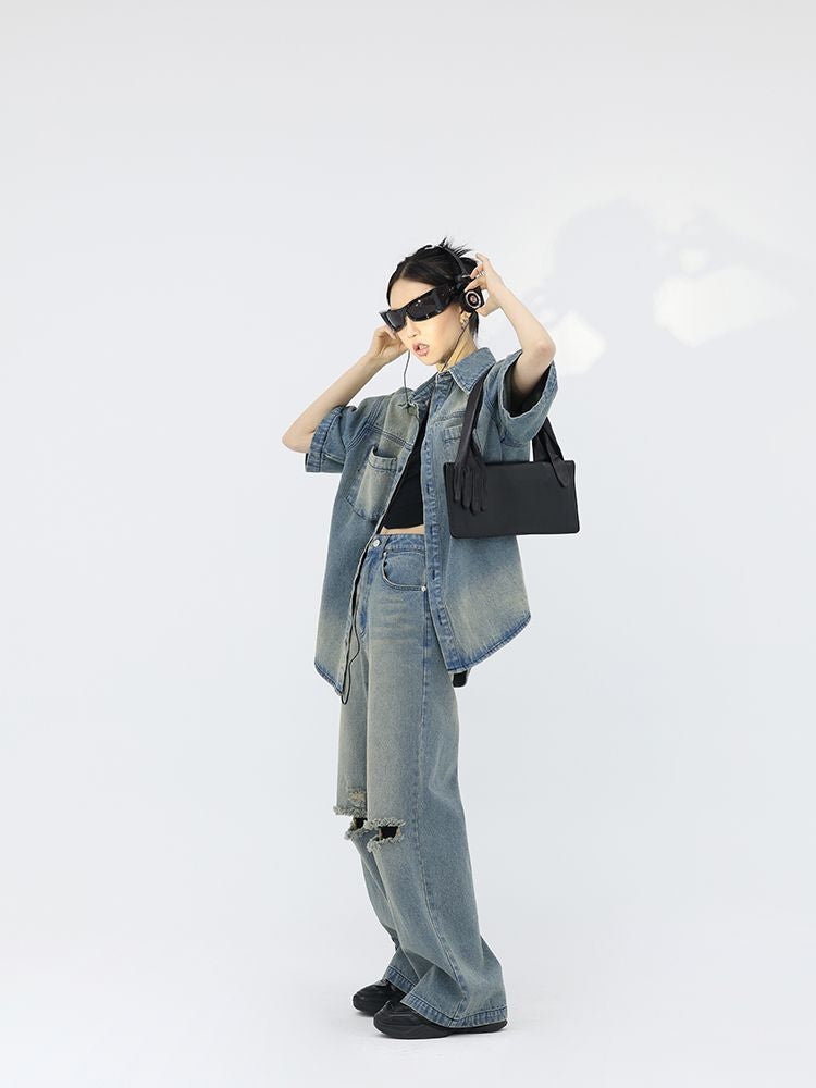 Washed denim short sleeve jacket & wide pants setup  OR0812