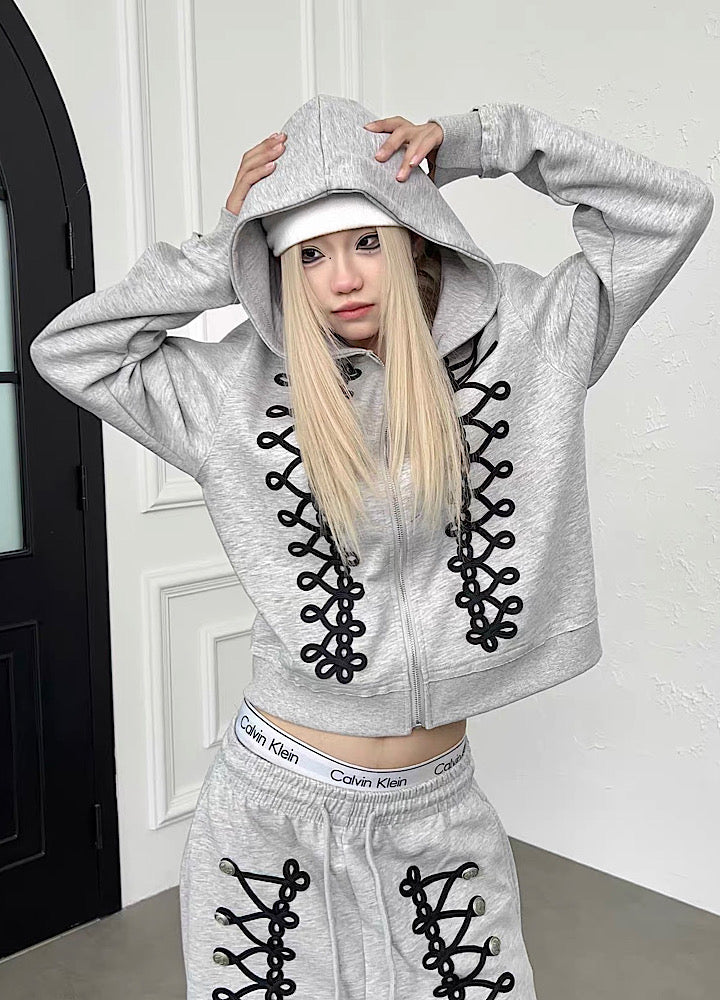 Lace-up design zip-up hoodie  OR0821