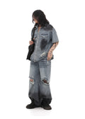 Random wash mid-distressed wide denim setup  OR0839
