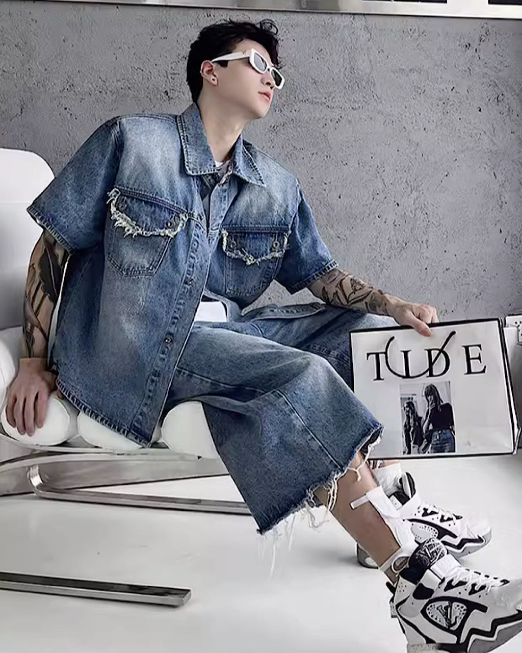 Casual design rough silhouette damage denim setup  OR0844