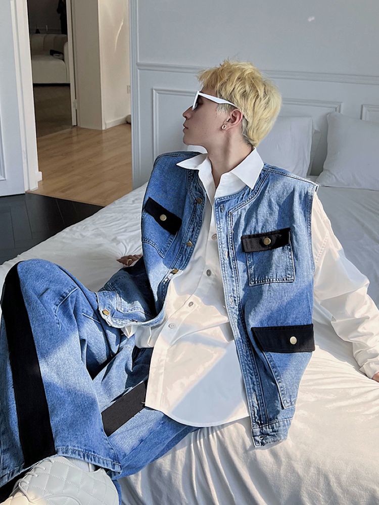 Contrast color design denim vest & pants setup  OR0846