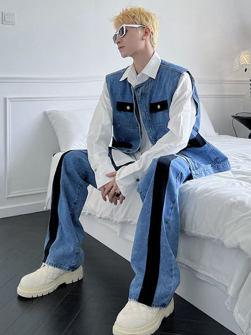 Contrast color design denim vest & pants setup  OR0846