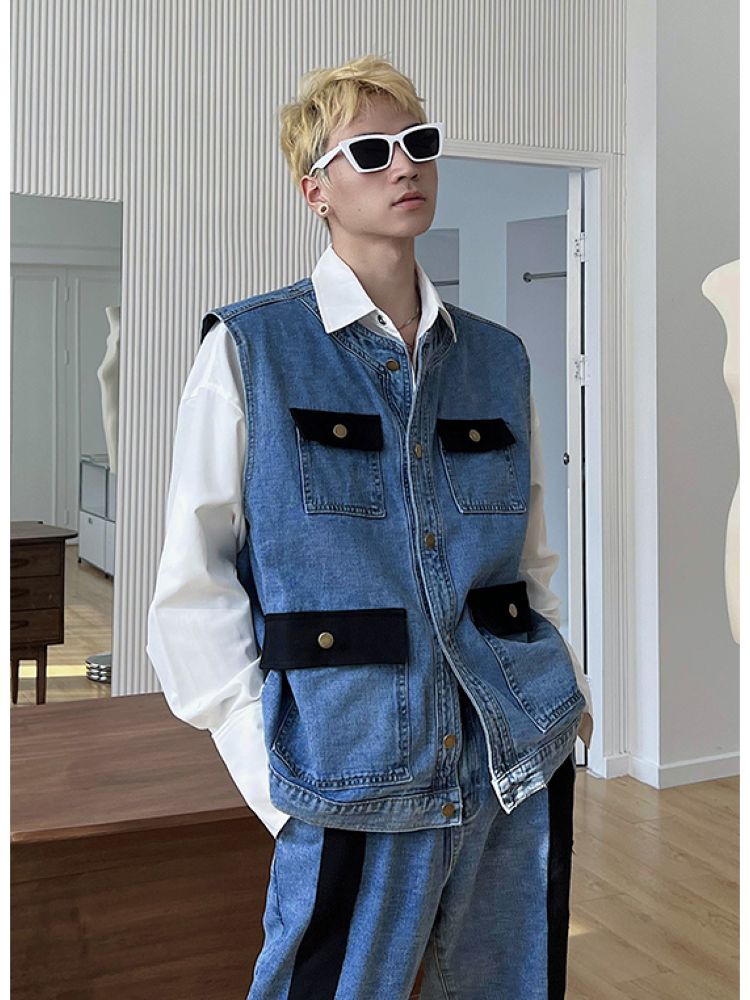 Contrast color design denim vest & pants setup  OR0846