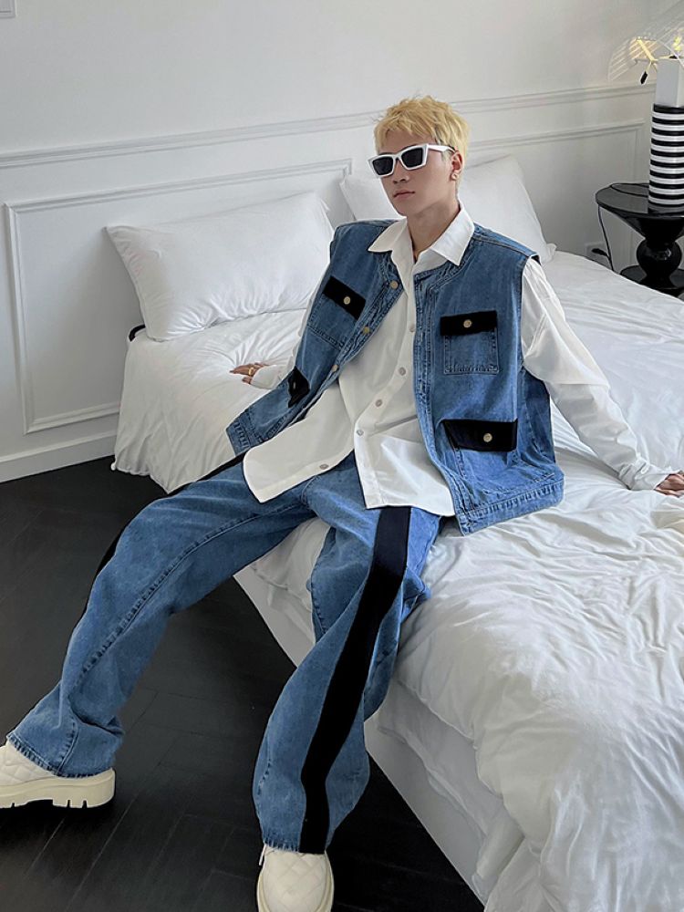 Contrast color design denim vest & pants setup  OR0846