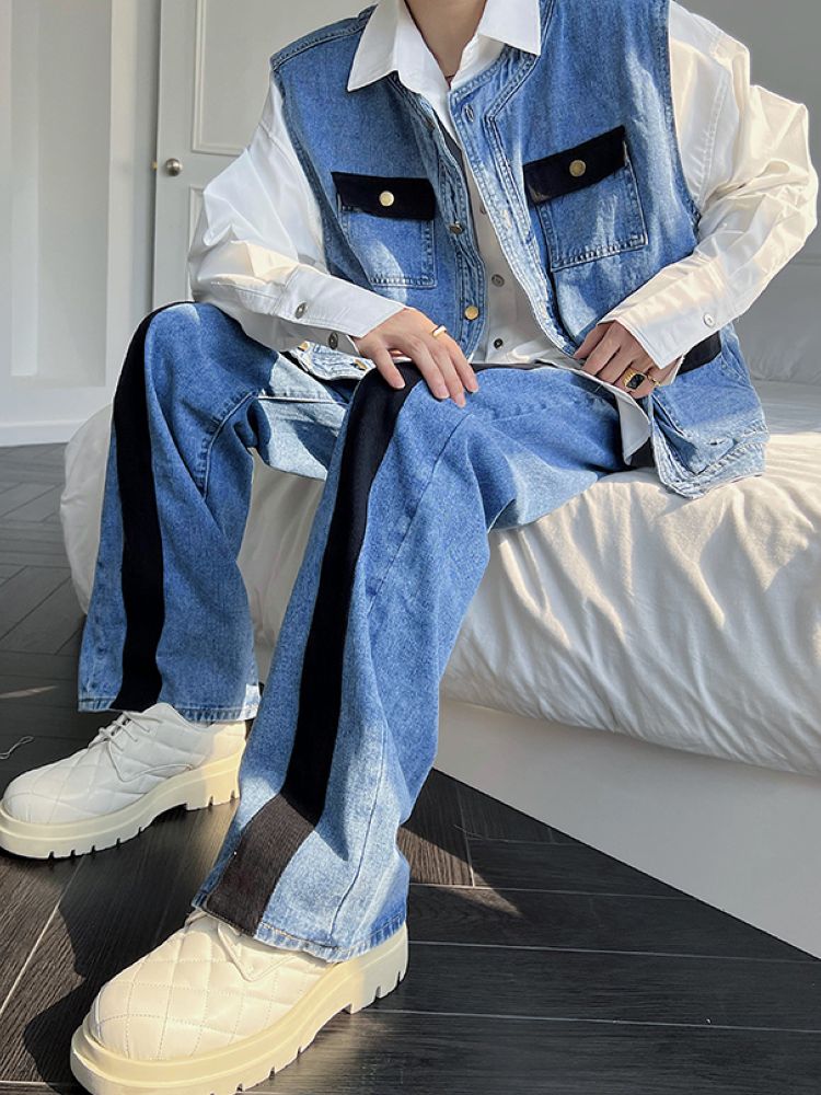 Contrast color design denim vest & pants setup  OR0846