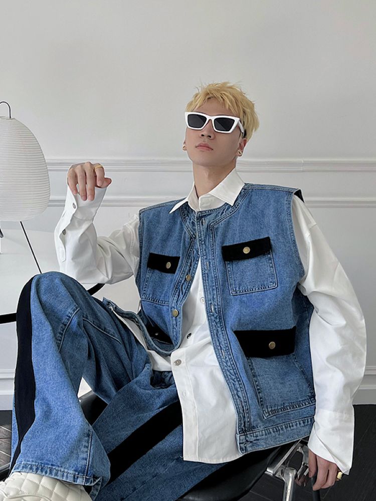 Contrast color design denim vest & pants setup  OR0846