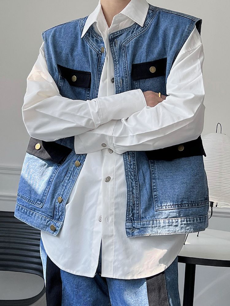 Contrast color design denim vest & pants setup  OR0846