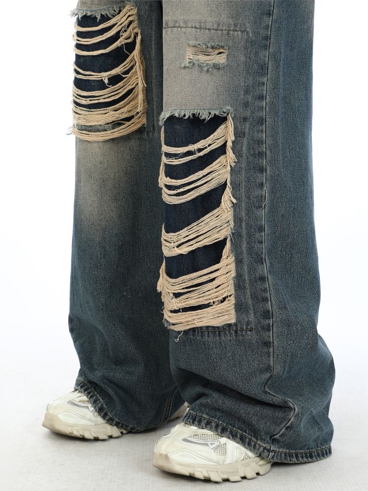 Fake hole damage wide denim pants  OR0847