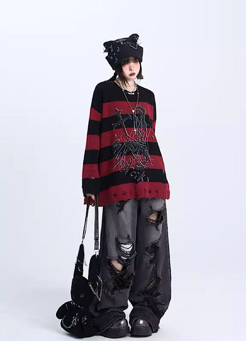 Black mid-damaged acid braid denim pants  OR0848