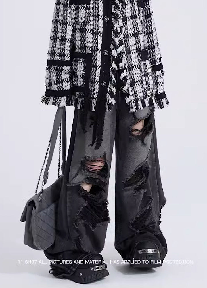 Black mid-damaged acid braid denim pants  OR0848