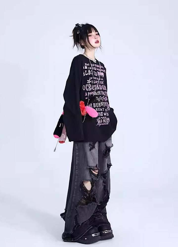 Black mid-damaged acid braid denim pants  OR0848
