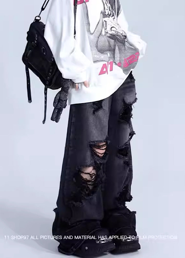 Black mid-damaged acid braid denim pants  OR0848