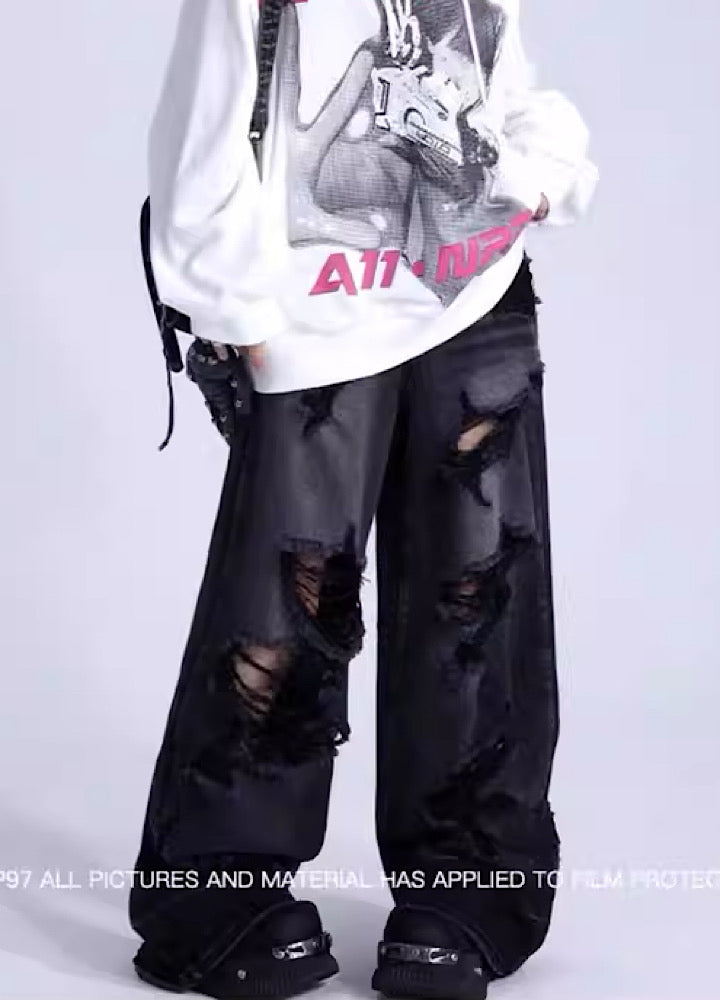 Black mid-damaged acid braid denim pants  OR0848