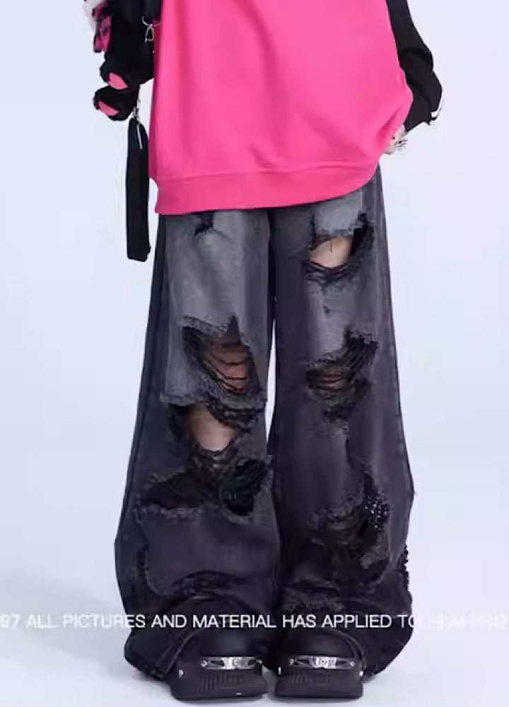 Black mid-damaged acid braid denim pants  OR0848