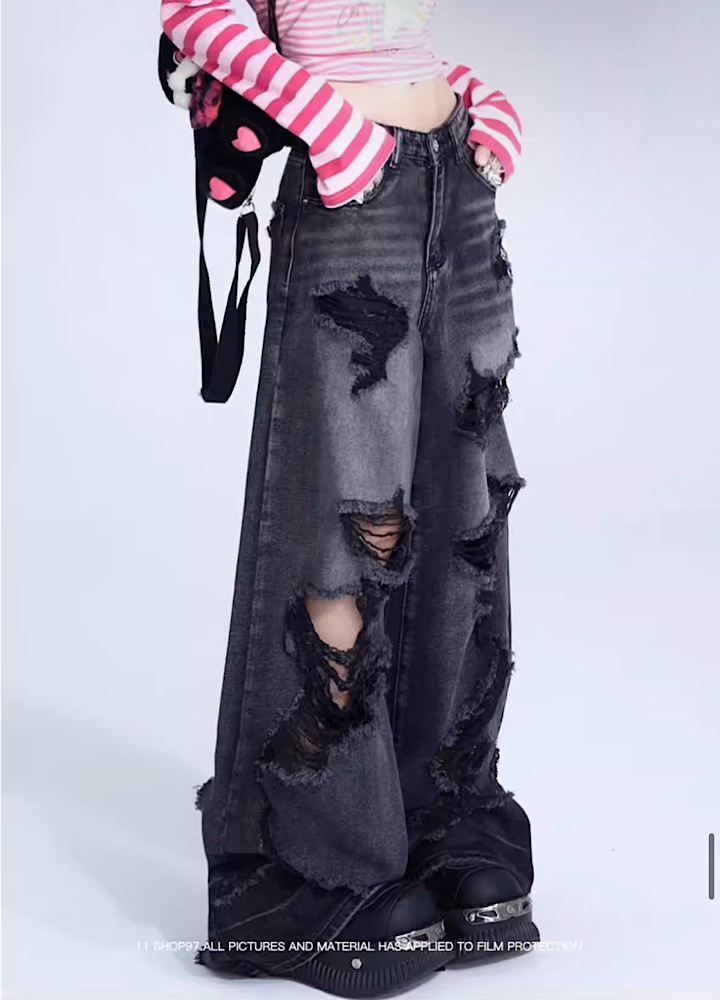 Black mid-damaged acid braid denim pants  OR0848