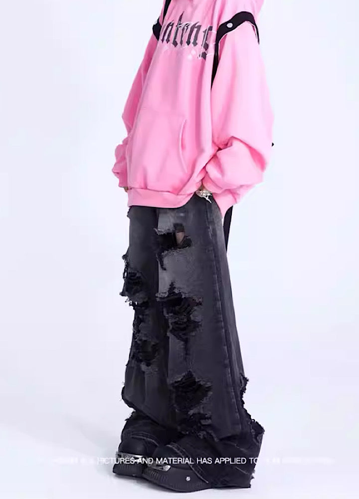 Black mid-damaged acid braid denim pants  OR0848