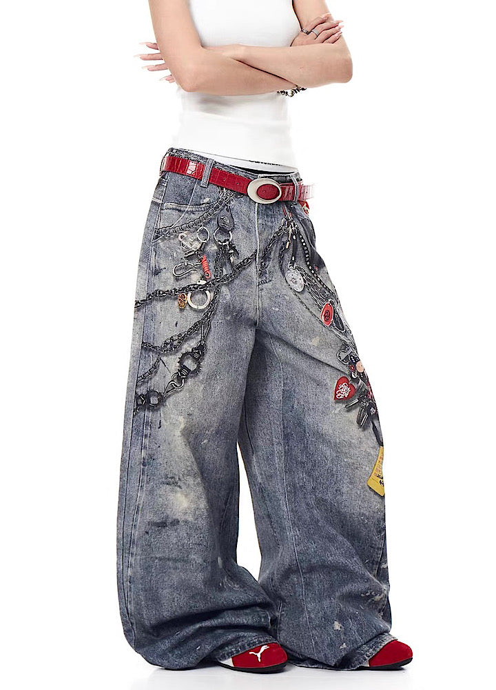 Transfer illustration design gal style wide denim pants  OR0849