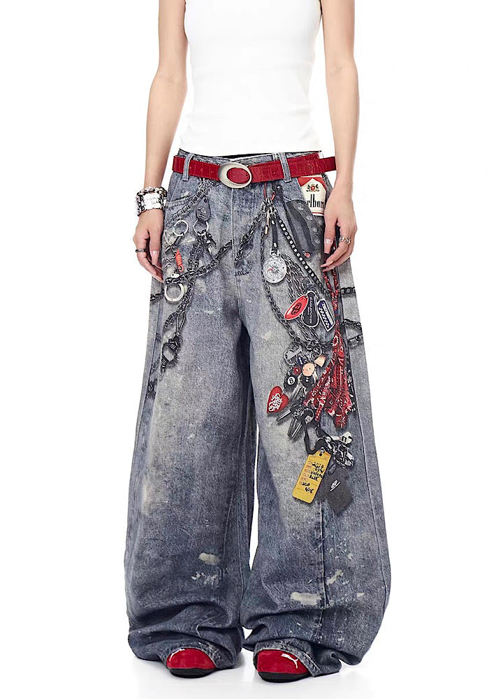 Transfer illustration design gal style wide denim pants  OR0849