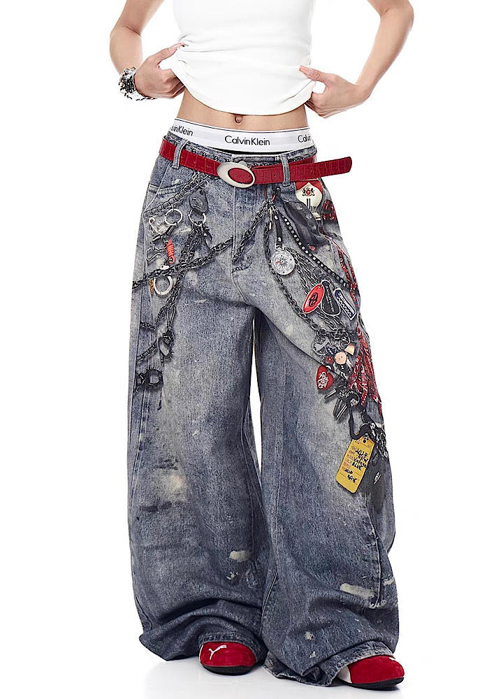 Transfer illustration design gal style wide denim pants  OR0849