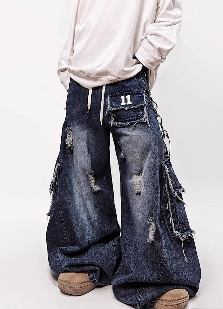 Blue wash full damage design cargo wide denim pants  OR0850
