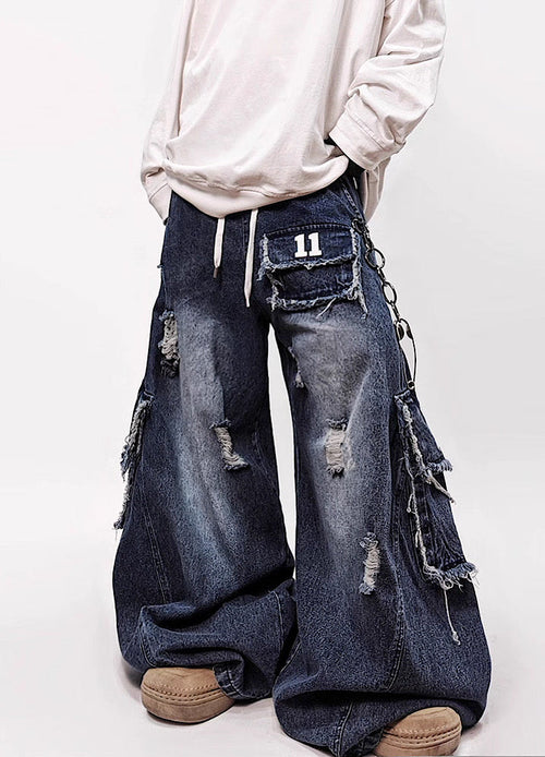 Blue wash full damage design cargo wide denim pants  OR0850