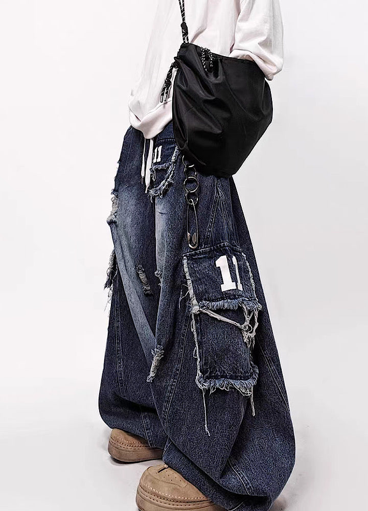 Blue wash full damage design cargo wide denim pants  OR0850