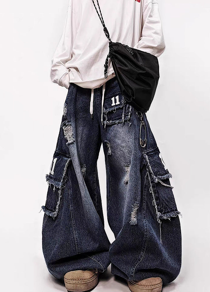 Blue wash full damage design cargo wide denim pants  OR0850